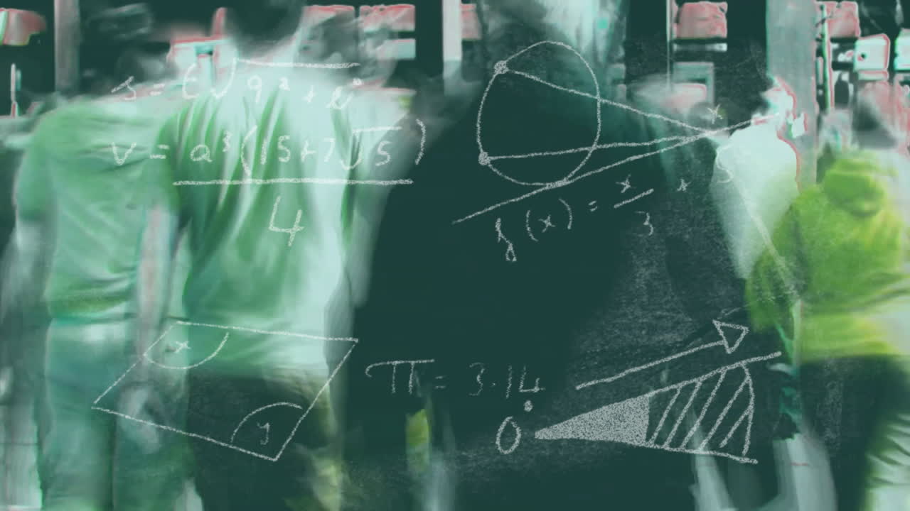 Animation of geometric shapes and equations overlaying blurred figures in motion
