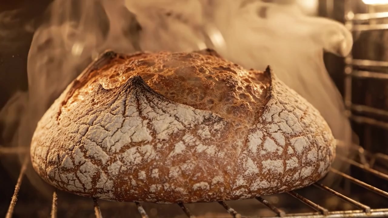 Freshly Baked Artisan Bread Rising in Oven with Perfectly Crusty Exterior and Warm Slopes, Capturing the Essence of Homemade Baking Experience and Culinary Craftsmanship