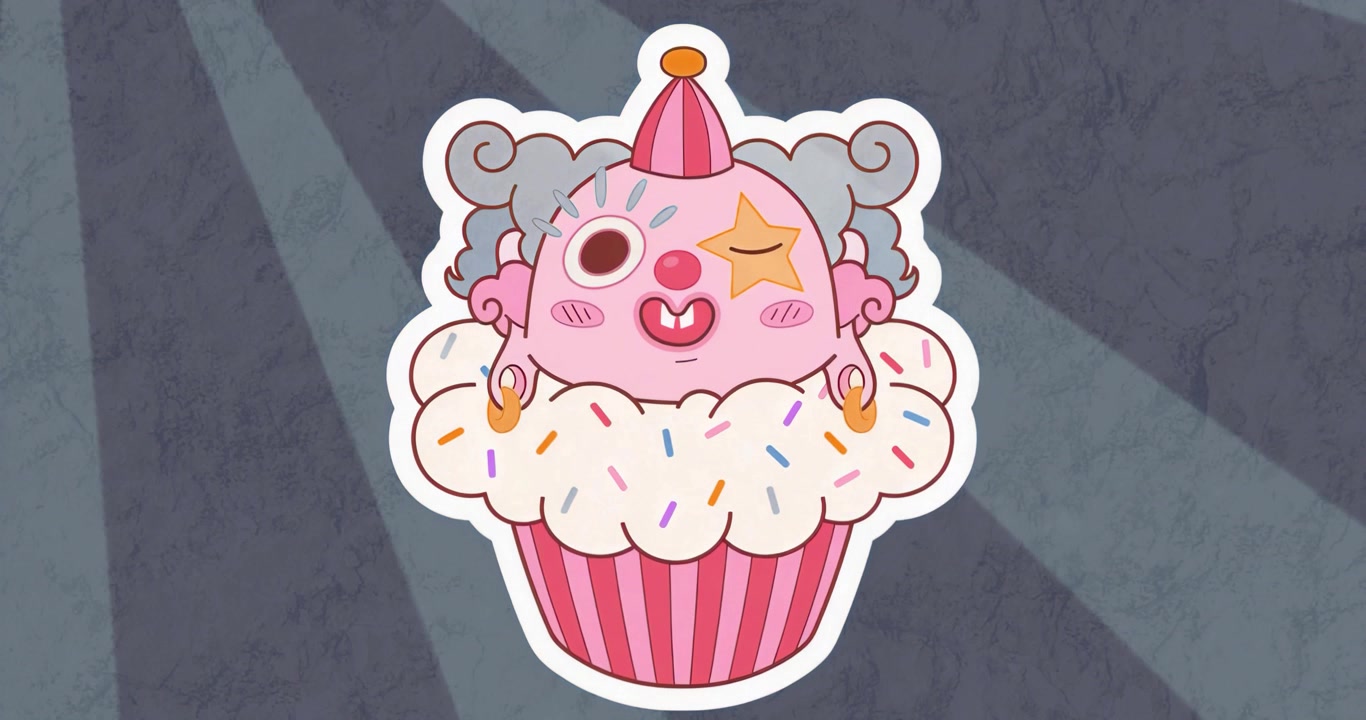 Cupcake attivato da un riflettore che ammicca e fa l'occhiolino per una demo di animazione su sfondo grigio