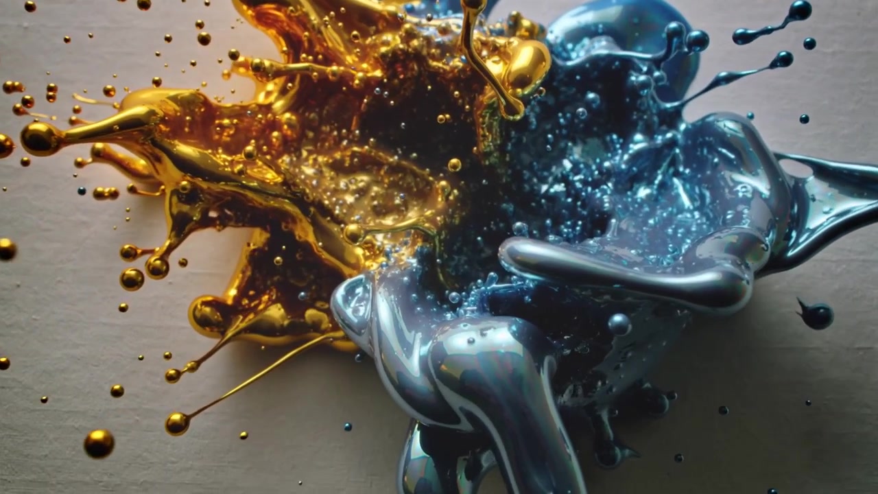 Flussi di vernice oro e blu-argento si scontrano all'impatto, formando una pozzanghera su un cartoncino beige ed espellendo perline.