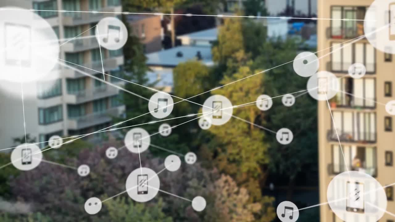 도시 풍경 위의 아이콘으로 연결된 네트워크의 애니메이션