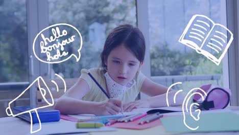 animación de iconos escolares sobre una niña caucásica enfocada con máscaras faciales haciendo la tarea