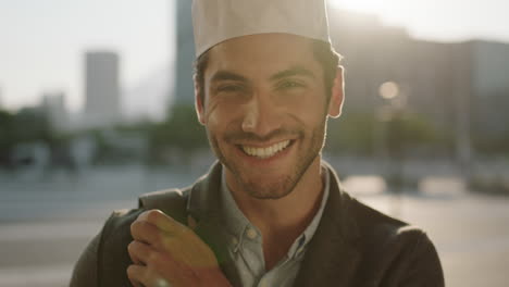 Primer-Plano-Retrato-De-Un-Joven-Exitoso-Del-Medio-Oriente-Sonriendo-Mirando-La-Cámara-Feliz-Disfrutando-Del-Estilo-De-Vida-Urbano-En-La-Ciudad-Usando-Sombrero-Kufi