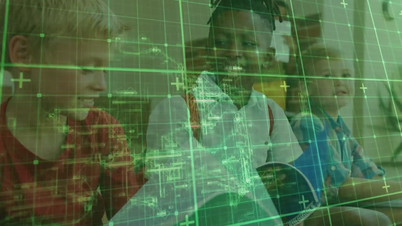 Animation of squares moving over happy diverse schoolchildren talking with books