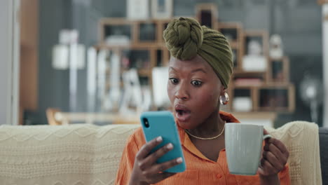black woman, coffee and shocked face with phone