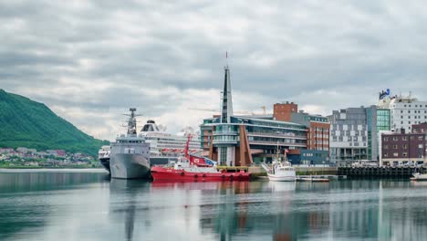 View-of-a-marina-in-Tromso,-North-Norway