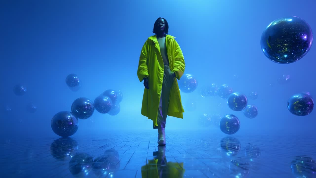 A captivating fashion scene unfolds as a model in a vibrant yellow oversized coat strides confidently through a dreamy, illuminated space filled with floating reflective spheres, creating a stunning visual experience
