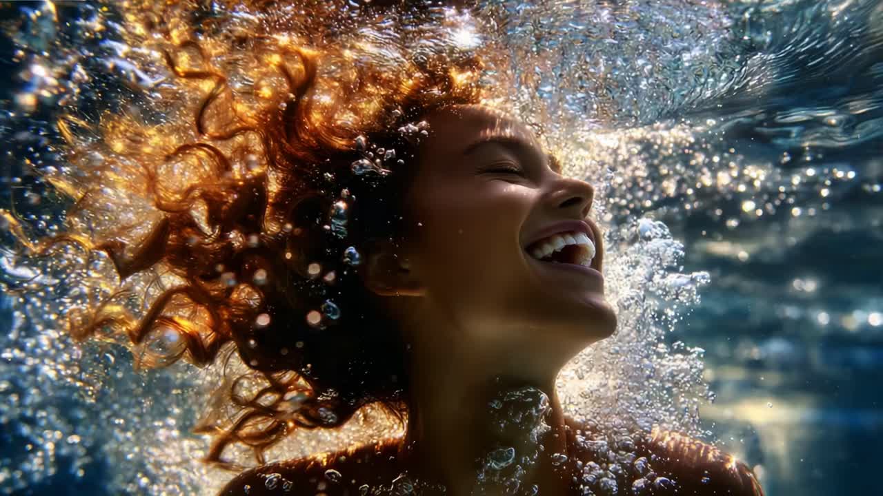 Joyful underwater moments captured in stunning detail, featuring a smiling person with flowing hair surrounded by bubbles, radiating happiness and carefree delight in a vibrant aquatic setting