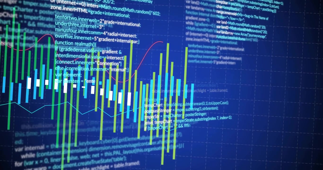 Con código apareciendo gradualmente, barras de histograma emergiendo, colores cambiando y una línea roja arqueándose visualizando datos