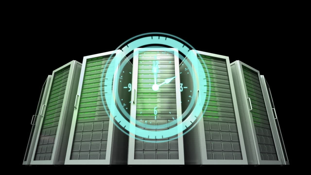 Animation of clock moving fast over computer servers
