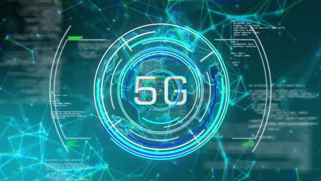 animation of scope over 5g text on round scanner, network of connections and data processing