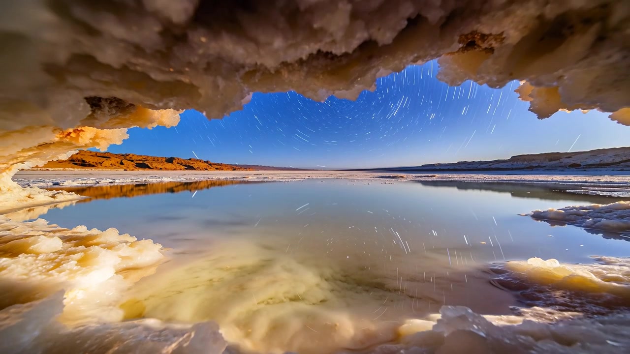 Una telecamera fissa riprende un bordo di sale e una pozza salina che riflette stelle rotanti mentre il sole sorge