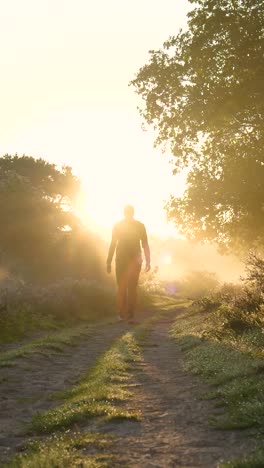 man walking on a path at sunrise