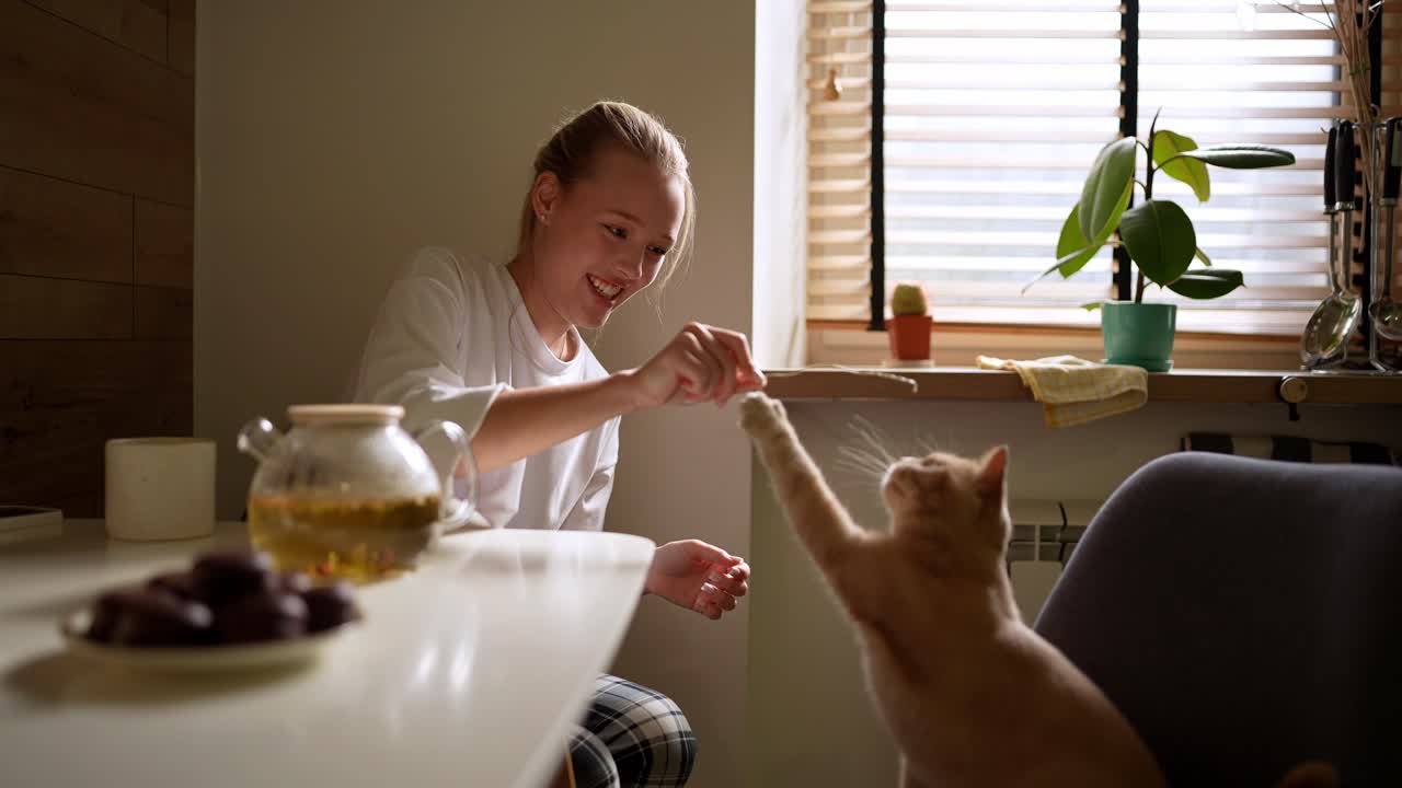 подросток играет с кошкой на кухне