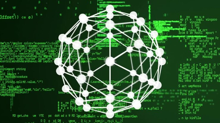 Animation of rotating molecule over data processing on green and black space