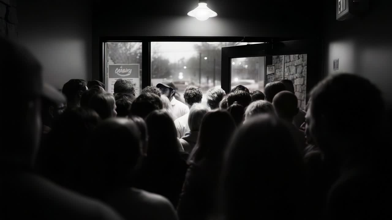 Una folla densa in attesa all'ingresso: un'emozionante scena catturata in bianco e nero, che mette in risalto l'attesa e la connessione tra le persone riunite