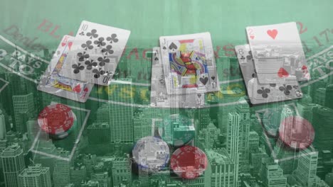 Animation-of-playing-cards-and-chips-on-board-over-cityscape