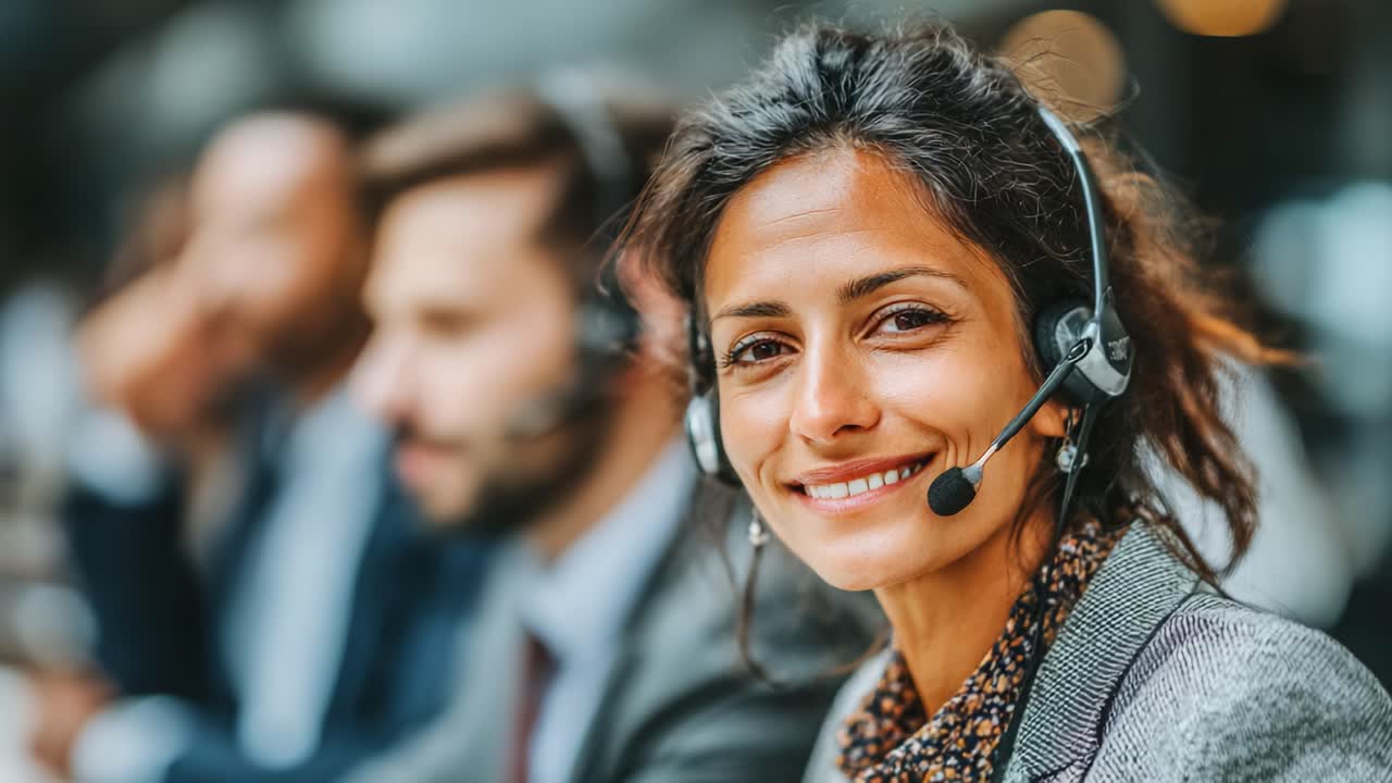 A Friendly Customer Service Representative Smiling While Wearing a Headset, Engaged in Communication with Clients in a Professional Call Center Environment