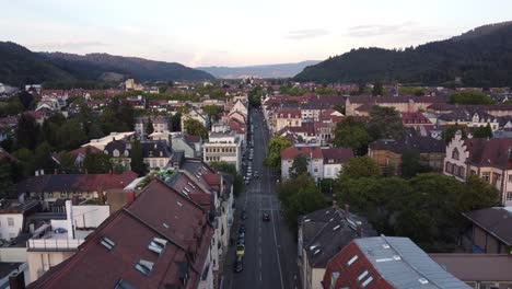 aerial panoramic view of old houses in historical gothic town of freiburg im breisgau at sunset, baden-württemberg, germany