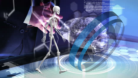 animation of human brain and skeleton and data processing over caucasian businessman