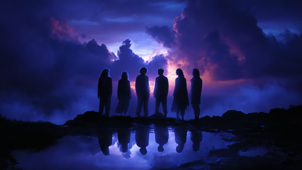 Silhouettes Against a Dramatic Twilight Sky: Seven Figures Standing on a Rocky Outcrop with Reflections in a Water Pond, Surrounded by Ethereal Clouds and a Mystical Atmosphere