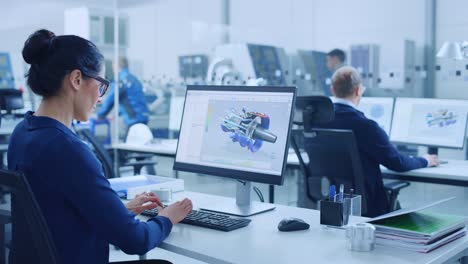 ingeniera industrial que trabaja en una computadora personal, la pantalla muestra software cad con prototipo 3d de motor. fábrica ocupada con trabajadores profesionales maquinaria de alta tecnología