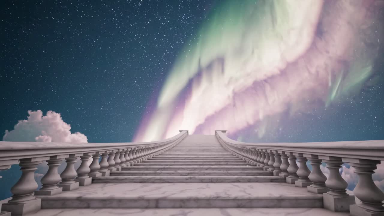 A low-angle video shot of a grand marble staircase leading to the sky, with vibrant aurora borealis