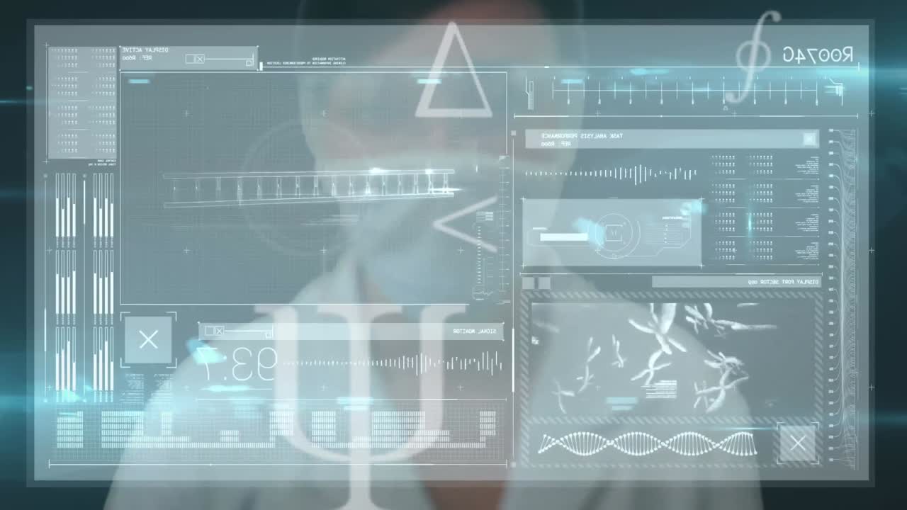 animación de una científica con máscara facial con pantalla táctil con cadena de adn y procesamiento de datos
