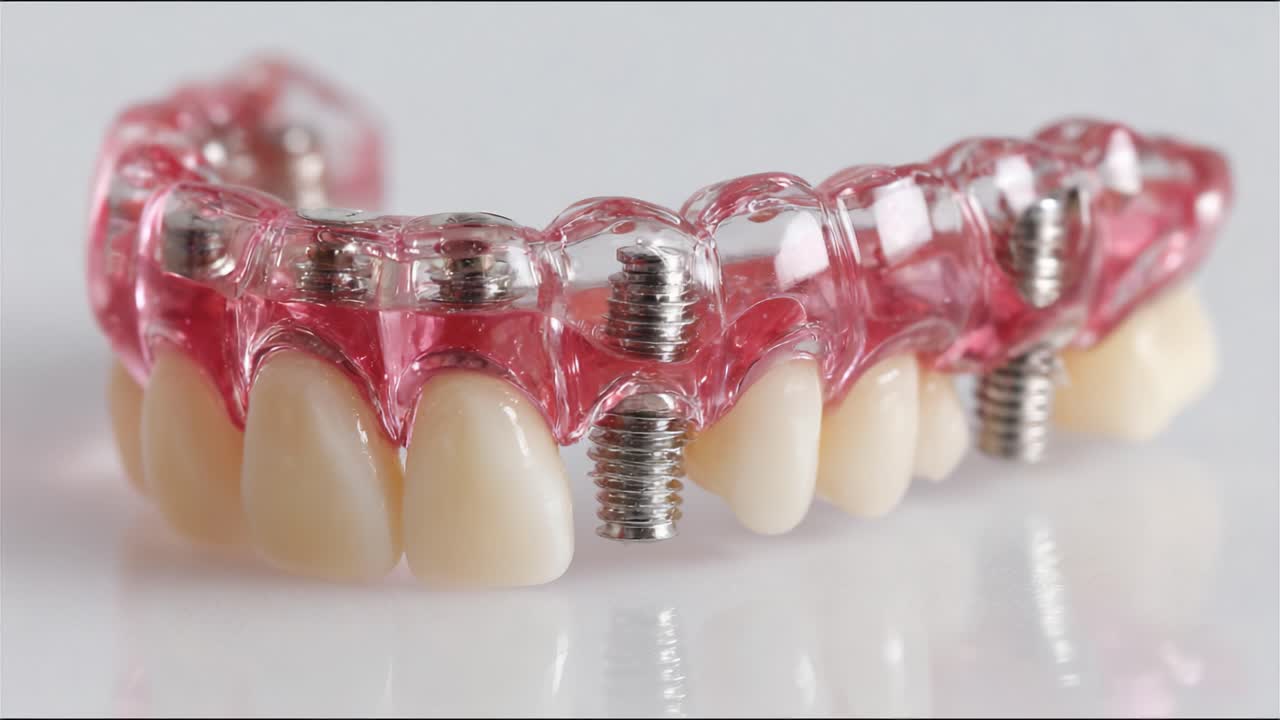 A Close-Up Inspection of an Innovative Dental Prosthetic Featuring Metal Components and Realistic Tooth Structures in a Transparent Framework
