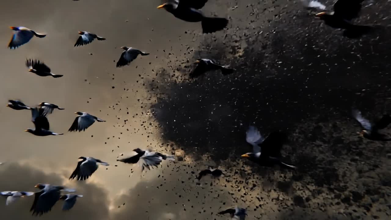 En fremvoksende flok måger dannes fra en partikelsky, efter at der er dannet huller i pergament, og fylder den stormfulde himmel.