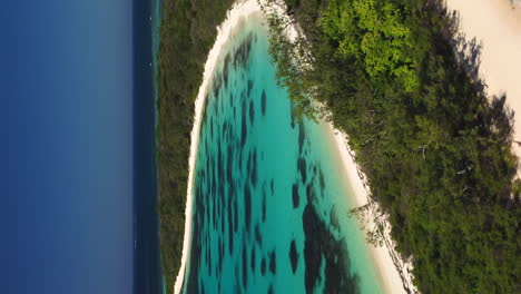 Isla-Tropical-Estrecha-De-Arena-Blanca,-Nueva-Caledonia,-Paralaje-Aéreo-Vertical