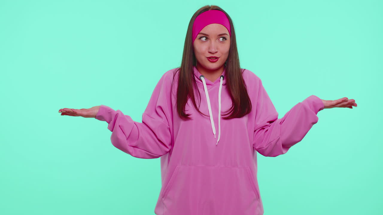 Confused pretty girl feeling embarrassed about ambiguous question, having doubts, no idea, clueless