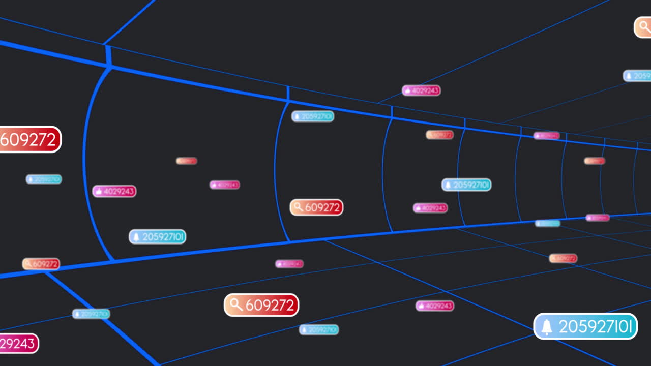 Digital data points floating in futuristic blue grid tunnel animation