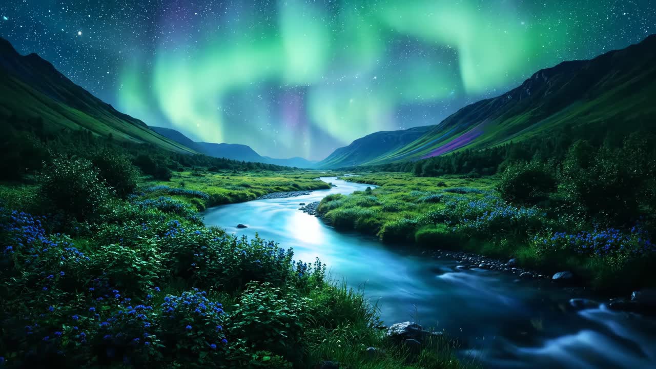 Aurora Borealis over a Scenic River Valley
