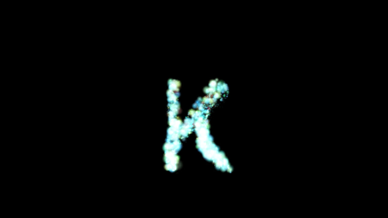 Particella blu luminosa che forma la lettera K su sfondo trasparente