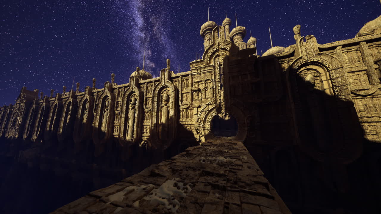 Ancient castle illuminated under a starry night sky with distant galaxies