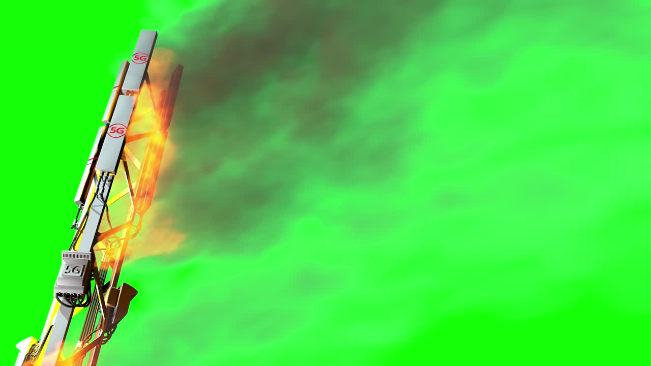 4K 60fps video - 5G cellular communication antenna burning on green screen for chromakey use - protest against 5G waves concept, UHD 3D animation
