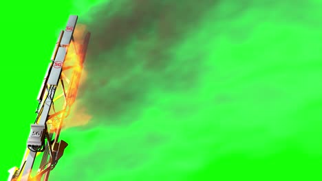 4k 60fps video - 5g cellular communication antenna burning on green screen for chromakey use - protest against 5g waves concept, uhd 3d animation