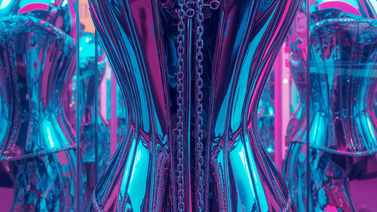 Pulling back camera revealing chrome hourglass sculpture hanging on chain in gallery neon lighting