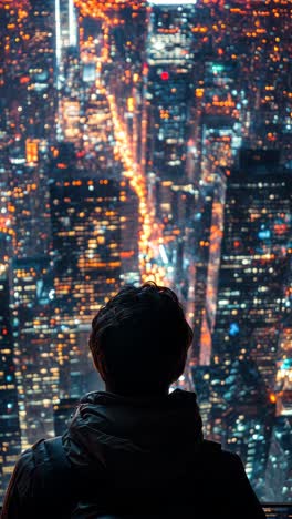 stunning city skyline view at night with a contemplative figure