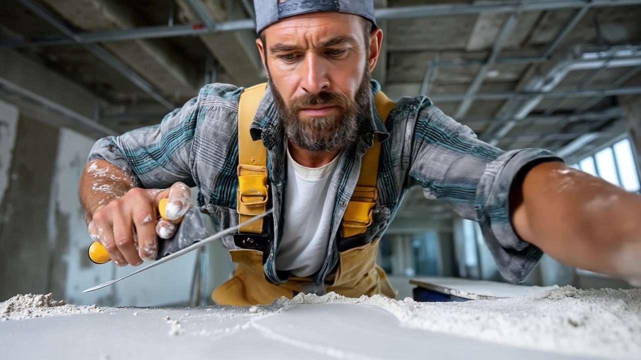 Operaio edile concentrato che applica intonaco su una superficie con una cazzuola in un cantiere di ristrutturazione.