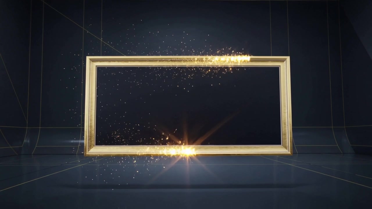 Animating gold frame as particles sweep from left in grid chamber, forming starbursts, floor glow