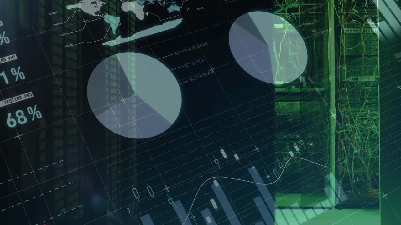 animación del procesamiento de datos y el registro de estadísticas sobre las luces verdes de los servidores informáticos