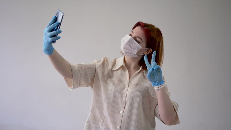 Woman takes selfies wearing medical face mask and gloves. Copy space and white background.