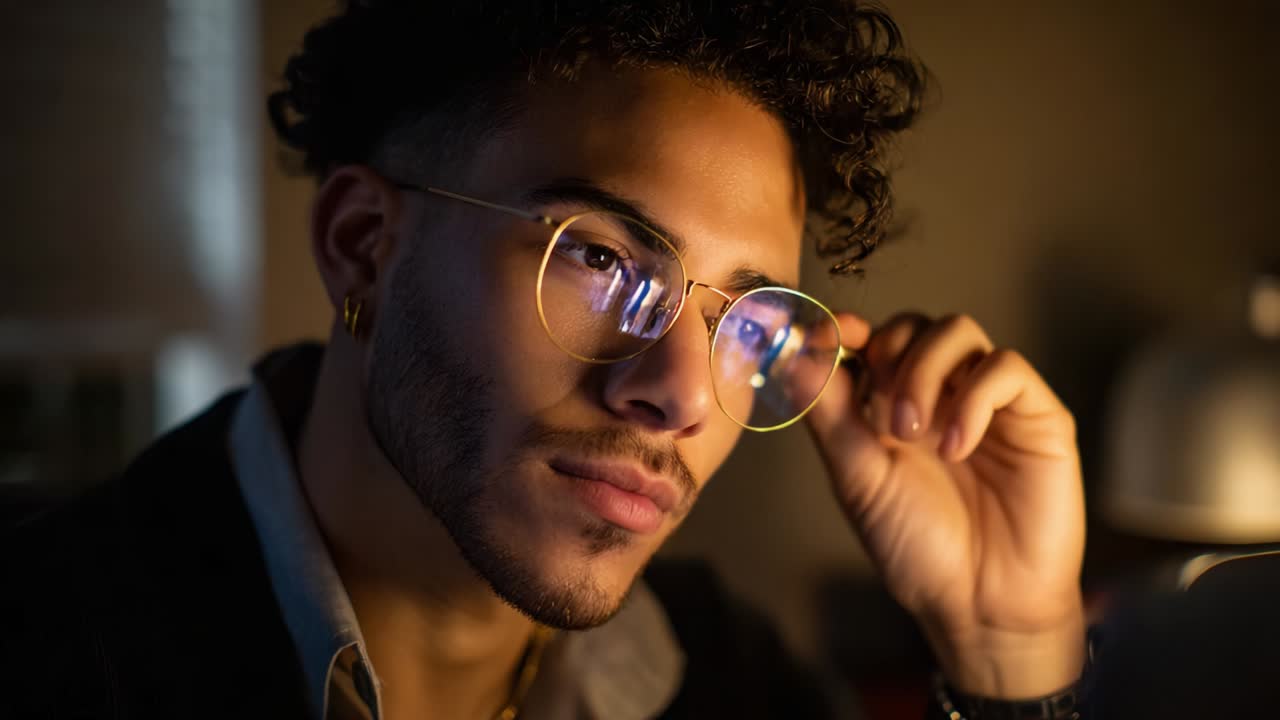 Thoughtful Portrait of a Young Man in Stylish Glasses Reflecting Contemplation and Introspection in a Softly Lit Room, Capturing the Essence of Modern Masculinity and Personal Style