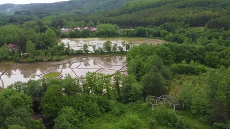 Sanftes-Überfliegen-Des-Gartens-In-Der-Waldnatur,-Wunderbare-Landschaft-Der-Landwirtschaft-Bei-Tropischem-Wetter,-Reisfeld,-Terrassenfeld-Der-Farm-In-Berggebieten,-Einheimische-Arbeiten-In-Der-Erntezeit-Im-Iran