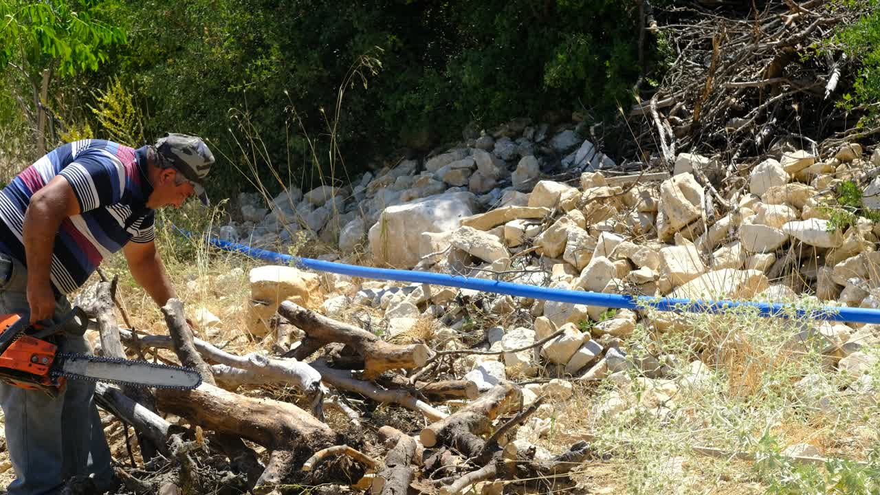 체인으로 숲을 자르는 남자