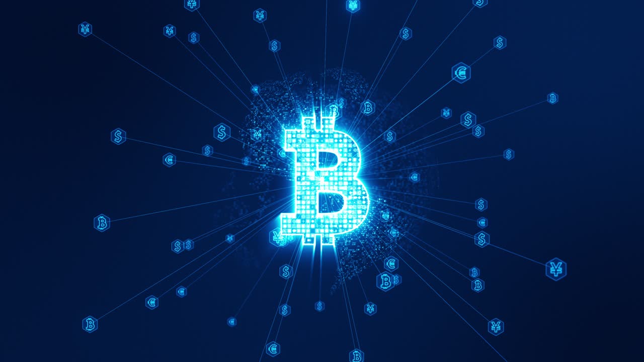 Motion graphic of Blue digital money and earth sphere rotation with line connection and data transfer to futuristic technology icon abstract background concept seamless loop video