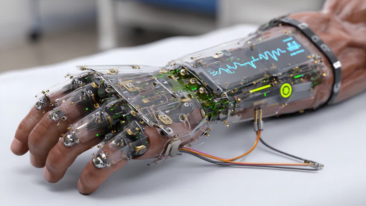 En avanceret robot håndudstilling med transparente lag, indviklede kredsløb og funktionel overvågningsteknologi i et klinisk miljø