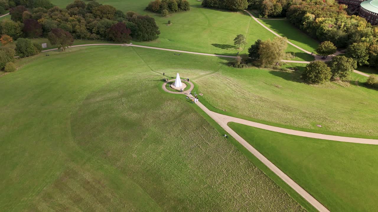 Milton Keynes aerial view circling Pyramid of light by Lilian Lijn in sunny Campbell park